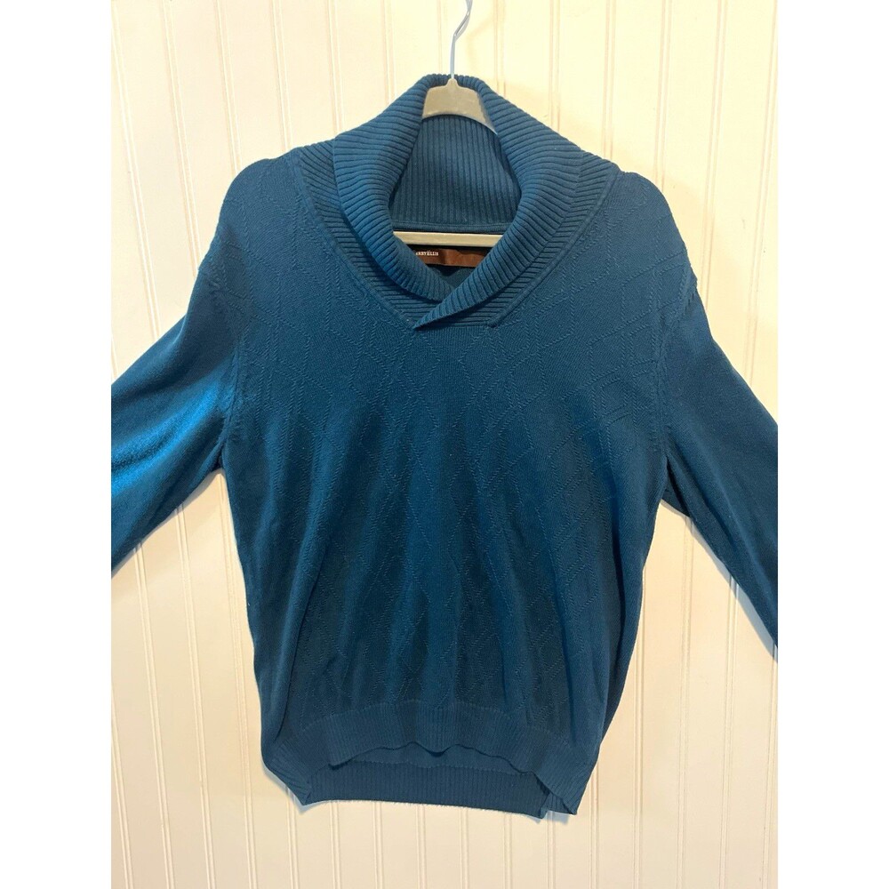 Perry Ellis Men’s Teal Blue Knit Cotton Shawl Collar Sweater Classic Medium